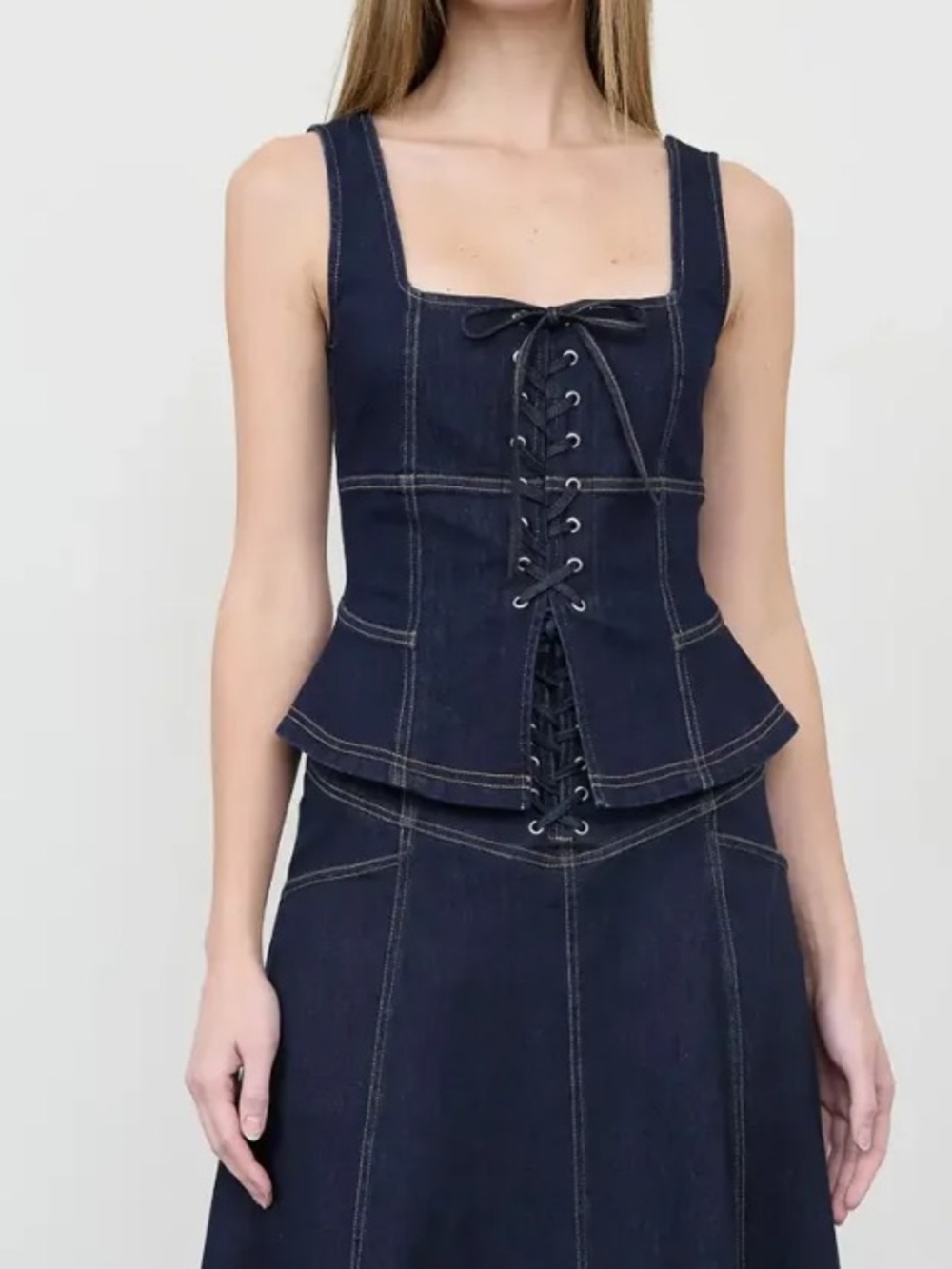 Moon River Lace-Up Detail Denim Corset Top Size Large